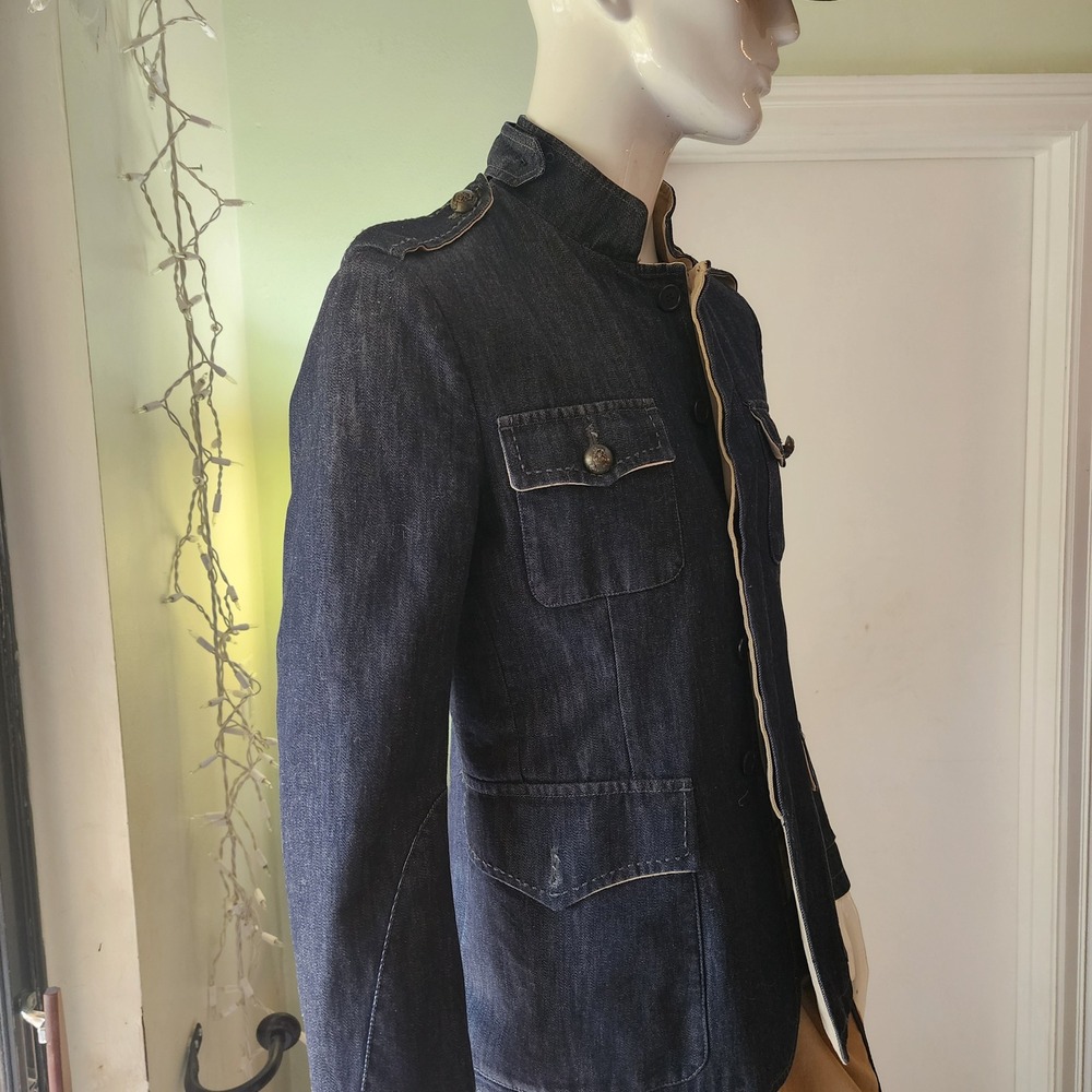 Mens Dark Wash Denim Military Field Jacket Stand Collar Epaulettes Navy Blue - Picture 7 of 14